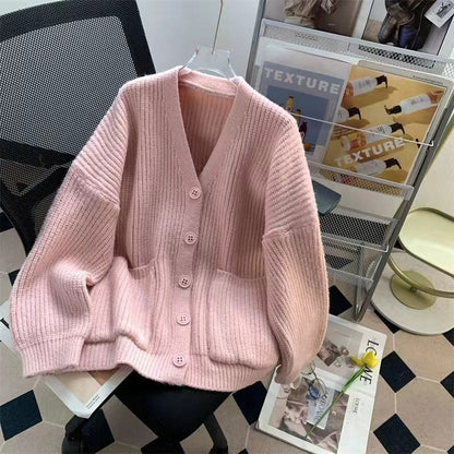 Damen Strickjacke V-Ausschnitt Kuschelig Mit Taschen Grau
