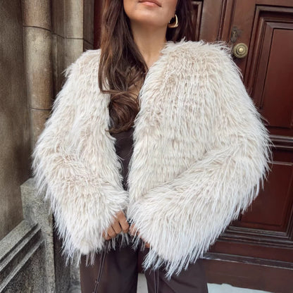 Damen Plüschjacke Weiches Material Moderner Schnitt Beige - Eveloria