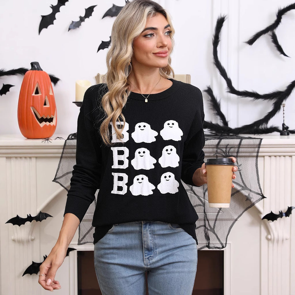 Damen Halloween Pullover Gestrickt Geistermotiv Weite Passform