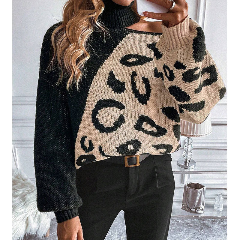 Damen Strickpullover Leopardenmuster Stehkragen Eveloria