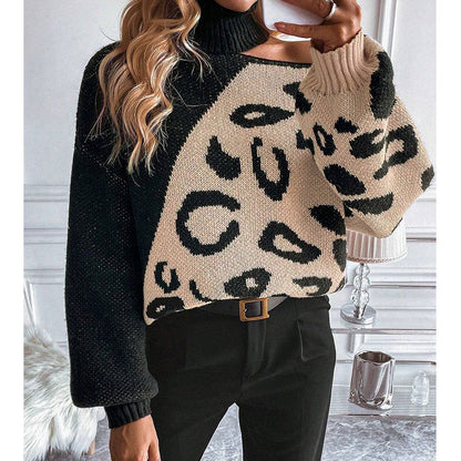 Damen Strickpullover Leopardenmuster Stehkragen Eveloria