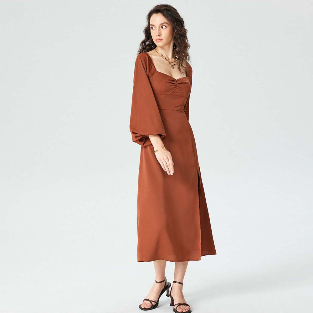 Damen Midi-Kleid Puffärmel Hohem Schlitz Eveloria