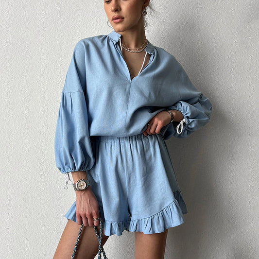 Damen Blusen-Shorts-Set mit Rüschendetails Weites Damen-Set - Eveloria