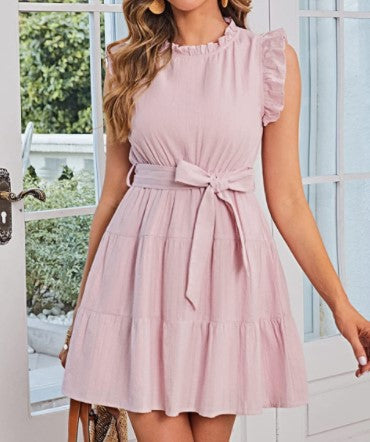 Damen Halbarmkleid Rüschendetails Taillenknoten Eveloria