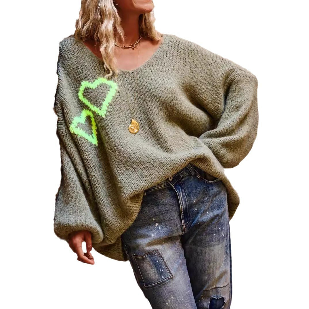 Damen Strickpullover Oversize mit Herzapplikationen Beige