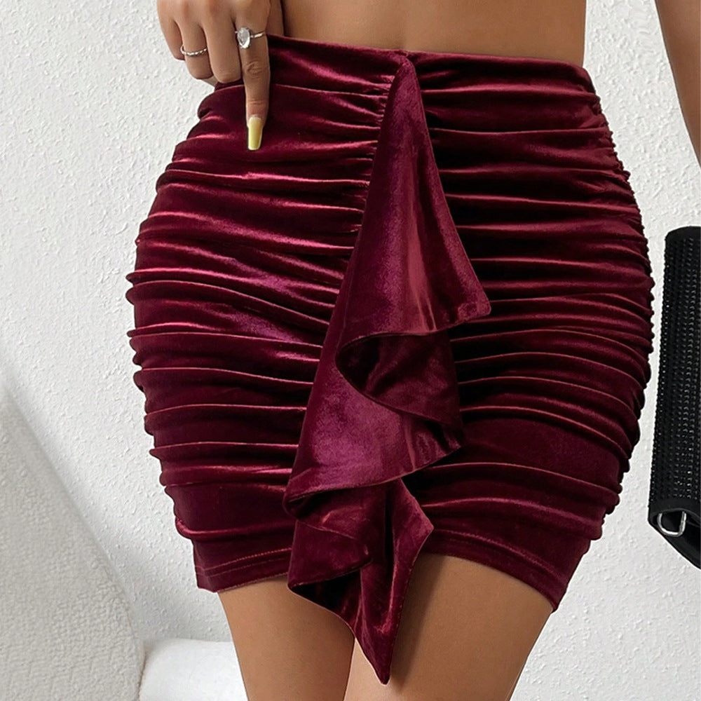 Damen Minikleid Samt Elastischer Bund Rüschendetail Schwarz - Eveloria