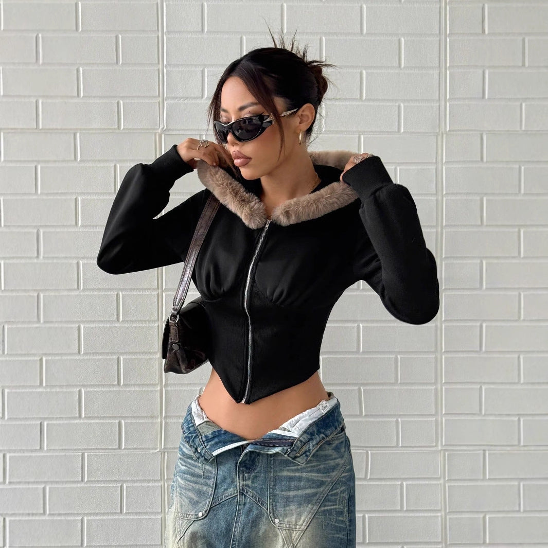 Damen Cropped Hoodie Fellbesatz Eveloria