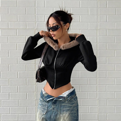 Damen Cropped Hoodie Fellbesatz Eveloria