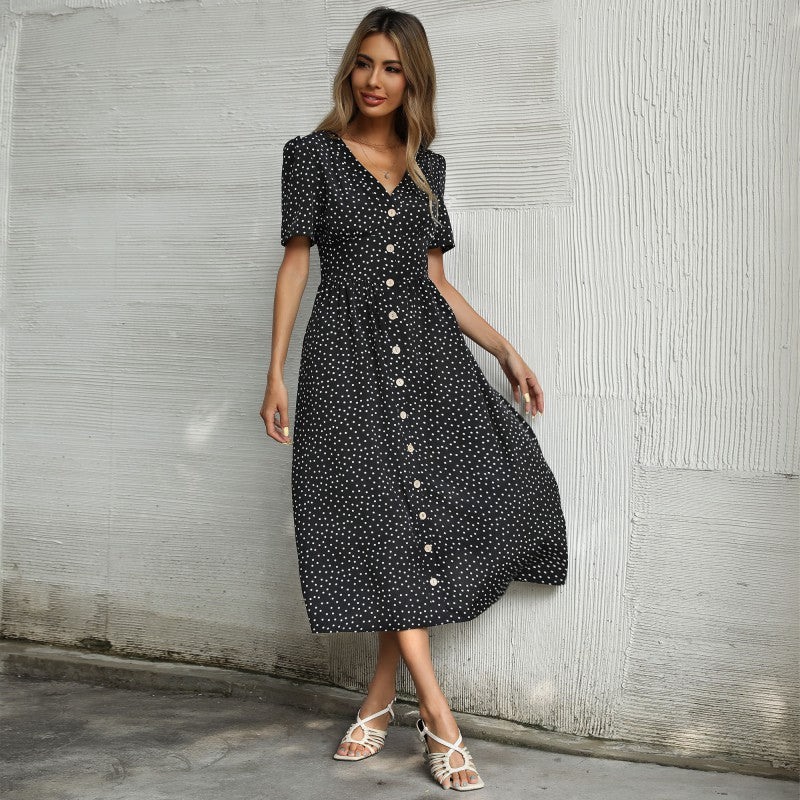 Damen Midi-Kleid Punktmuster Elegante Knopfleiste - Eveloria