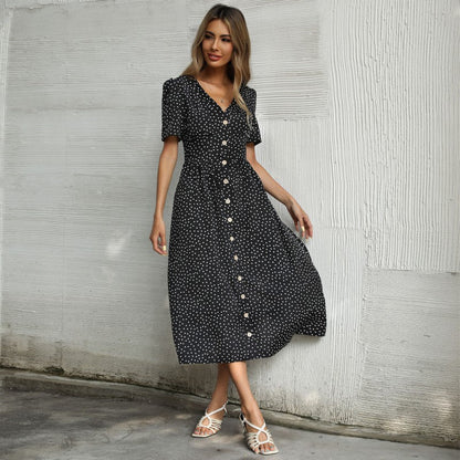 Damen Midi-Kleid Punktmuster Elegante Knopfleiste - Eveloria
