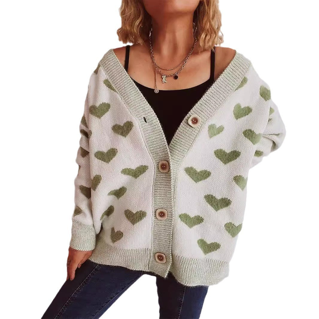 Damen Strickjacke Herzförmiges Muster Knöpfe