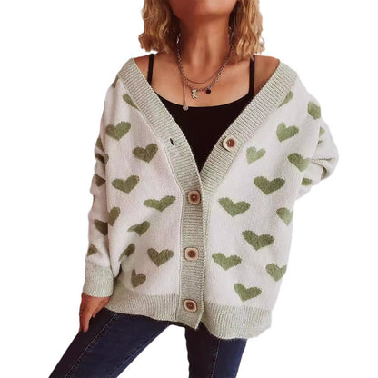 Damen Strickjacke Herzförmiges Muster Knöpfe