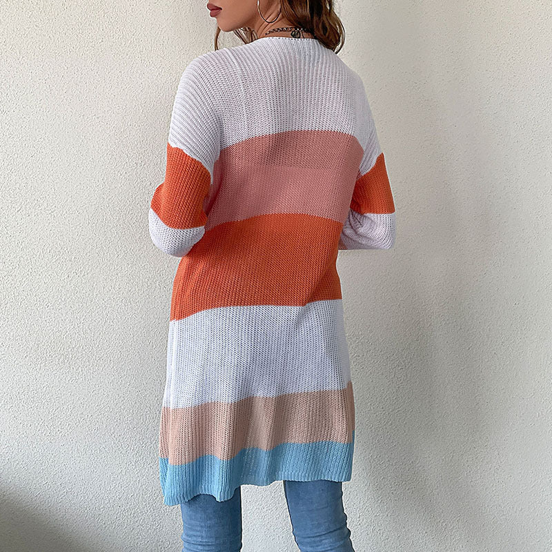 Damen Cardigan Lässig Gestrickt Blockfarben Tiefen Taschen