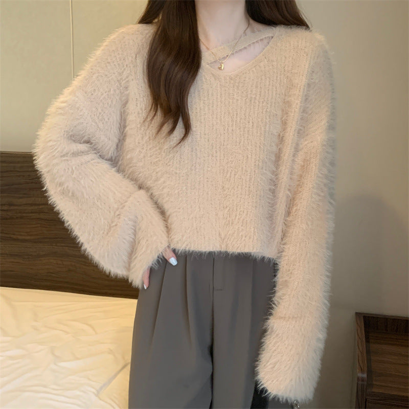Damen Pullover Flauschig Lässiger Schnitt V-Ausschnitt Beige