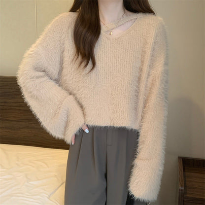 Damen Pullover Flauschig Lässiger Schnitt V-Ausschnitt Beige