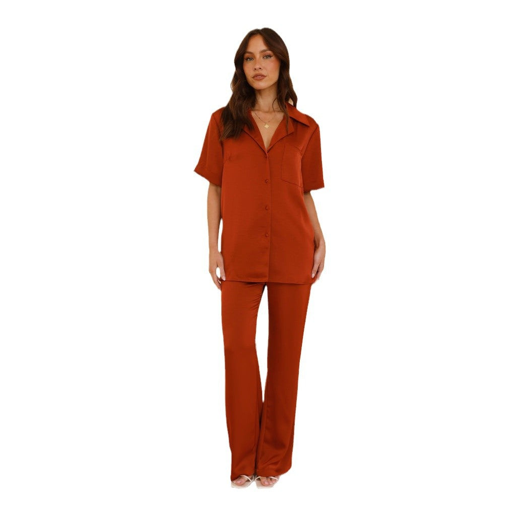Damen Satin Schlafanzug Set Kurzarmbluse Weite Hose Eveloria