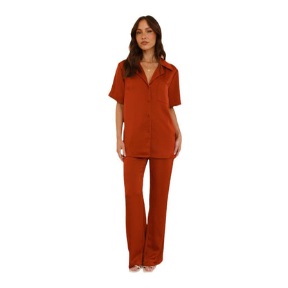 Damen Satin Schlafanzug Set Kurzarmbluse Weite Hose Eveloria