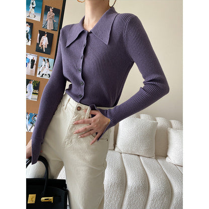 Damen Strickpullover Feinripp mit Hemdkragen und Knöpfen Beige