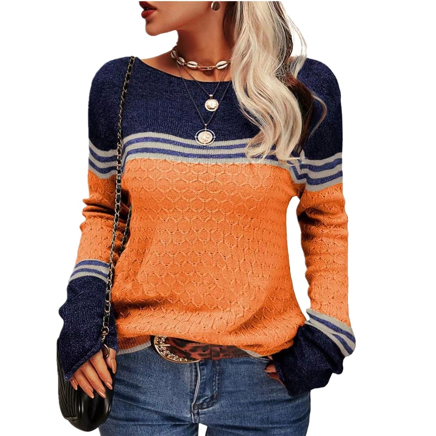 Damen Strickpullover Kontrastfarben Einzigartige Textur Grau - Eveloria