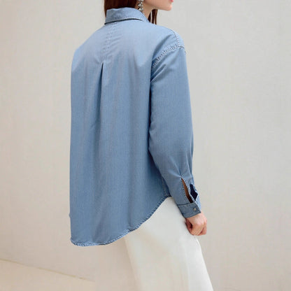 Damen Denim Hemd mit Brusttaschen und Knopfleiste Blau Eveloria