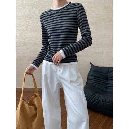 Damen Langarmshirt Streifenmuster Elastisch Weiß - Eveloria