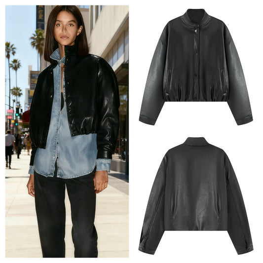 Damen Kunstlederjacke Stehkragen Eveloria Schwarz - Eveloria