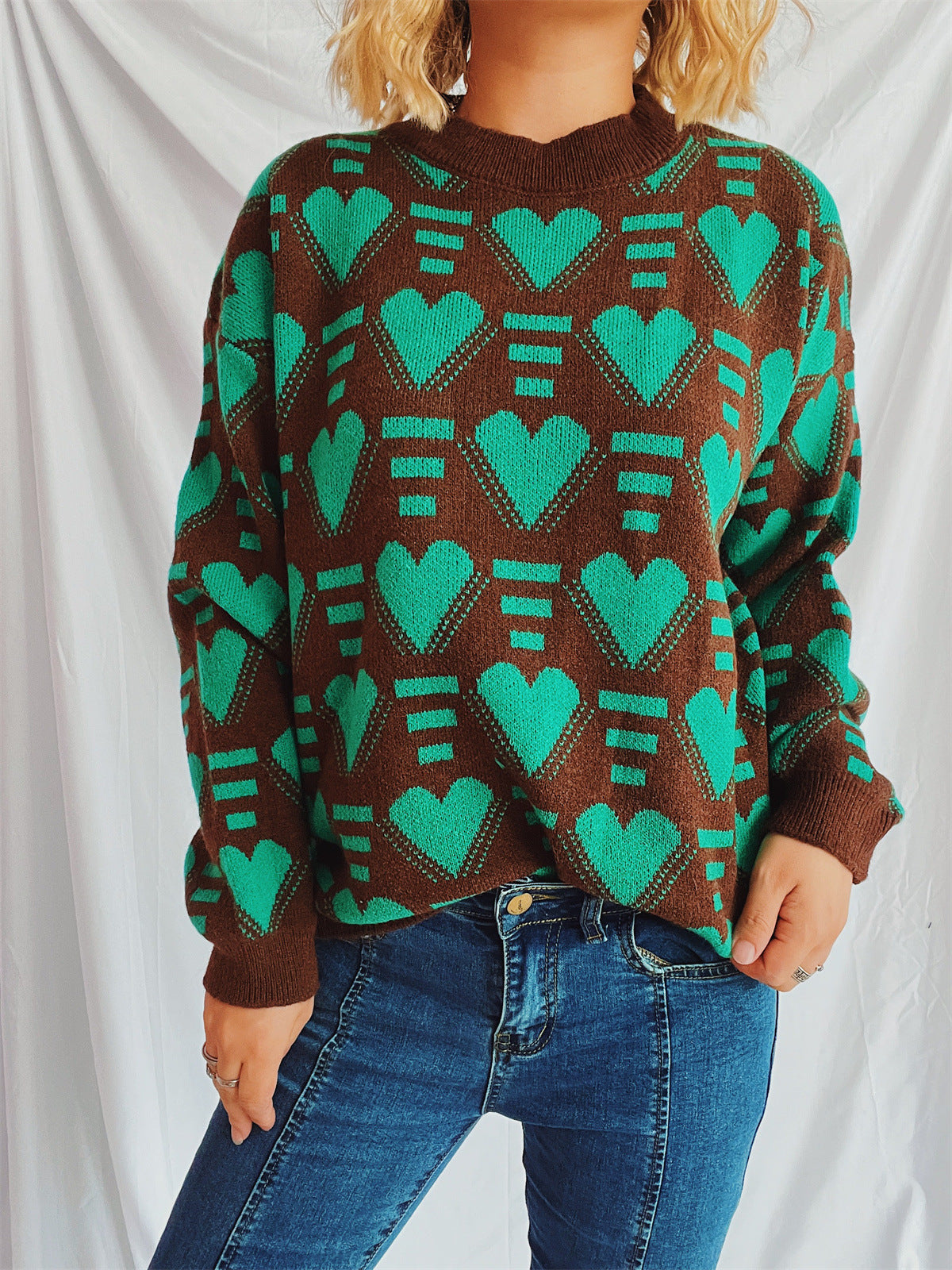 Damen Oversized-Pullover Herz-Muster Kuschel-Fleece Grau