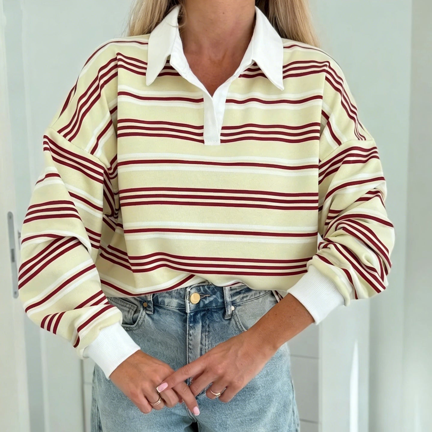Damen Polo-Sweater Streifenmuster Weite Passform Beige - Eveloria