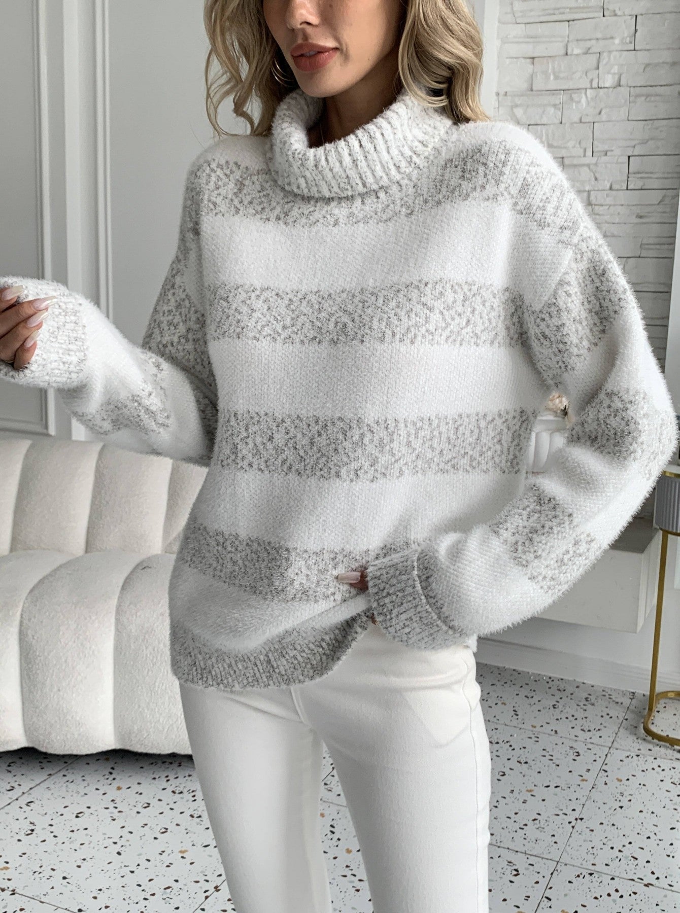 Damen Pullover Hochkragen Gestreift Grün Eveloria