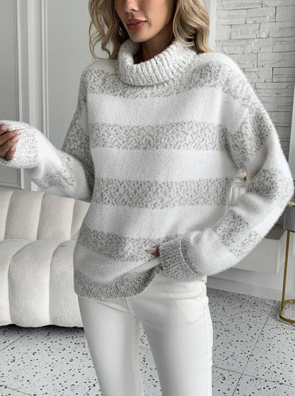 Damen Pullover Hochkragen Gestreift Grün Eveloria