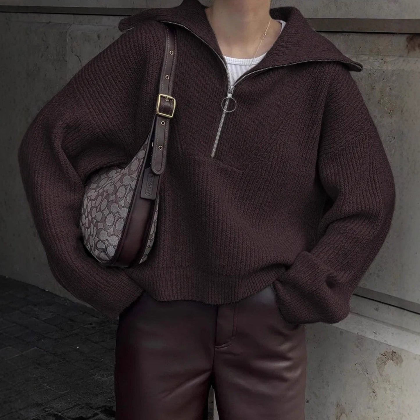 Damen Strickpullover Stehkragen Reißverschluss Grobstrick Eveloria
