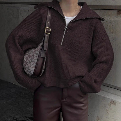 Damen Strickpullover Stehkragen Reißverschluss Grobstrick Eveloria