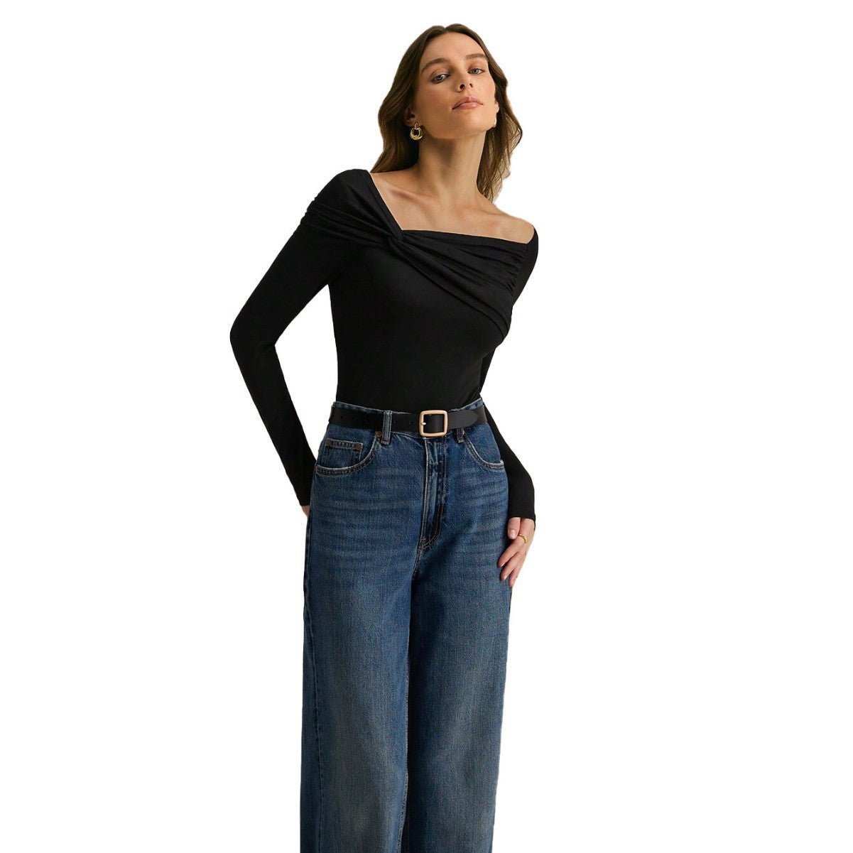 Damen Langarmshirt Asymmetrisch Drapierungsdesign Eveloria