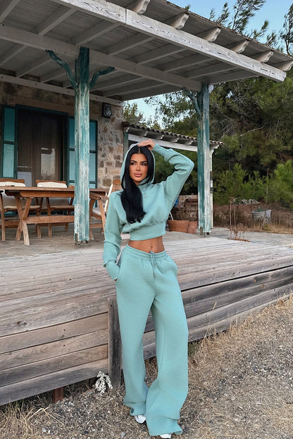 Damen Cropped Hoodie Weite Jogginghose Lässig