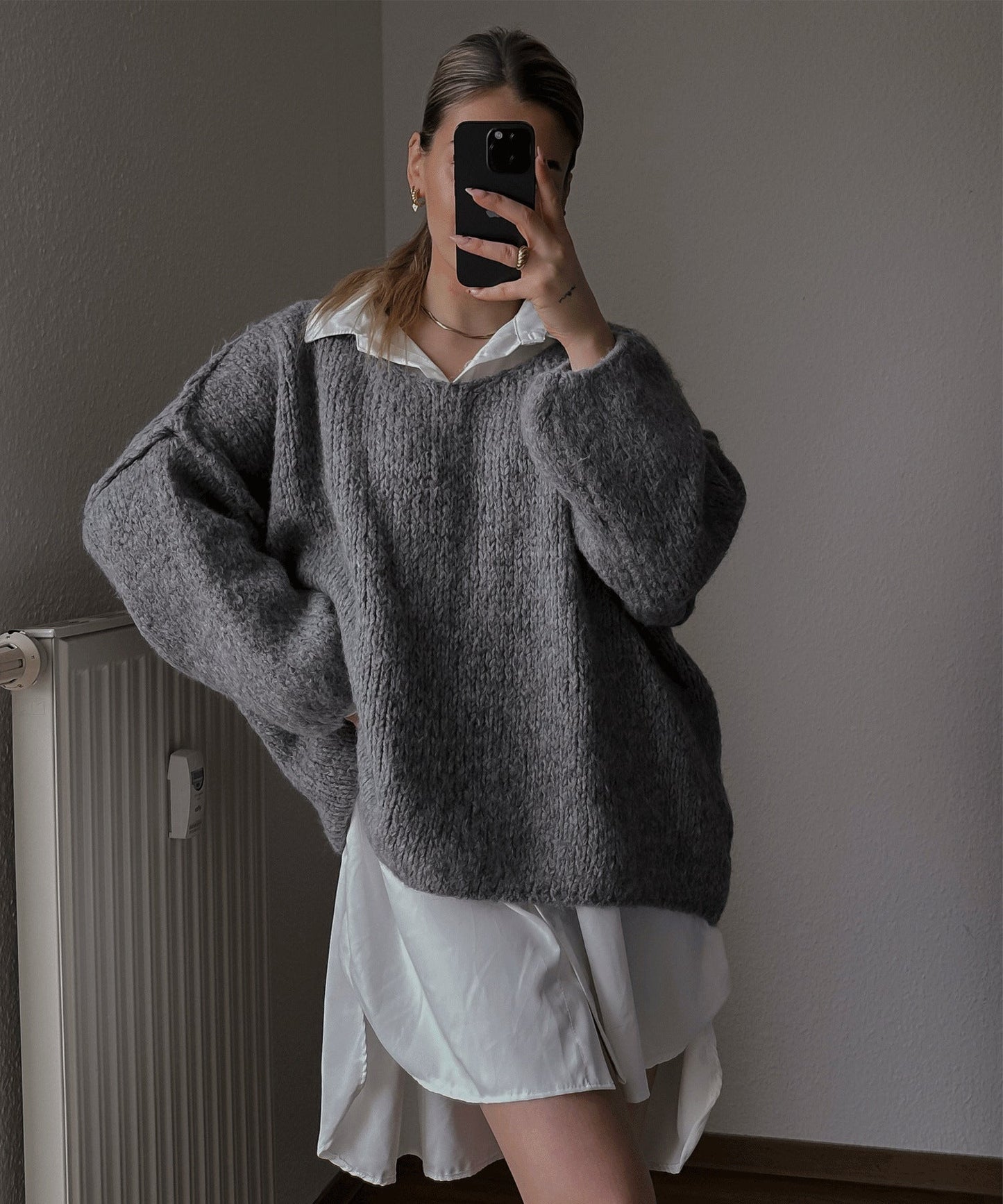 Damen Oversized Pullover Weich Voluminöse Ärmel Beige Eveloria