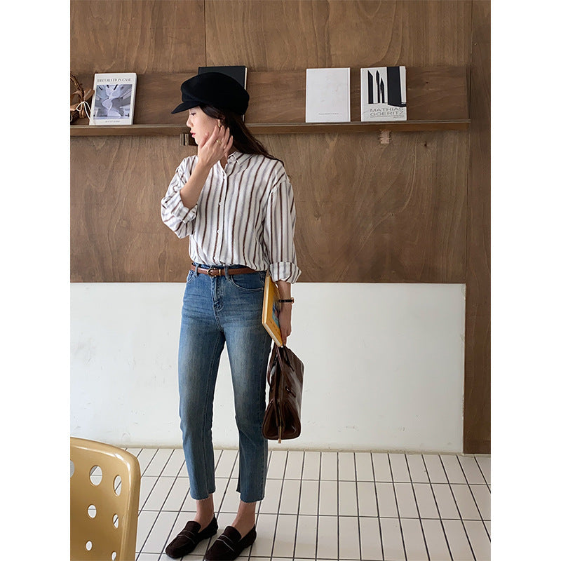 Damen Bluse Gestreift Baumwolle Blau Weiß