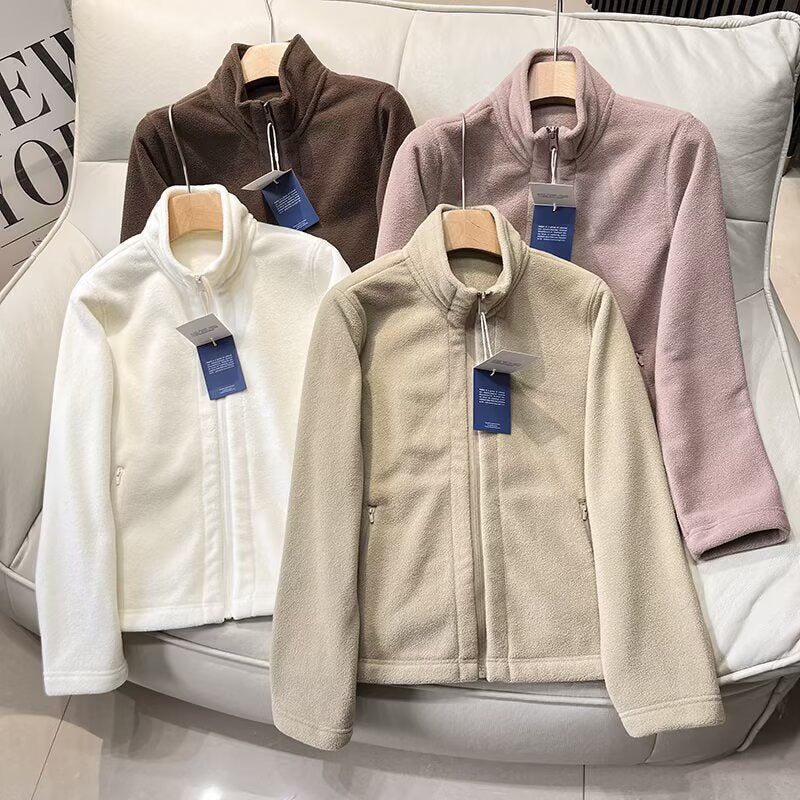 Damen Fleecejacke Hochkragen Reißverschlusstaschen Schwarz Eveloria - Eveloria