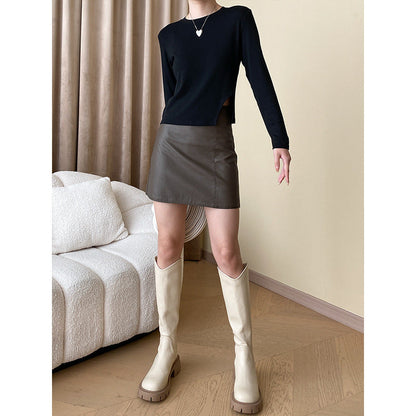 Damen Langarm-T-Shirt Rippstruktur Modischer Ausschnitt Eveloria