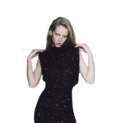 Damen Cocktailkleid Pailletten Hochgeschlossener Stehkragen Eveloria