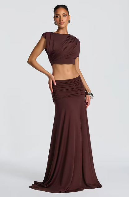 Damen Wickelkleid Drapiertes Oberteil Fließender Rock Eveloria