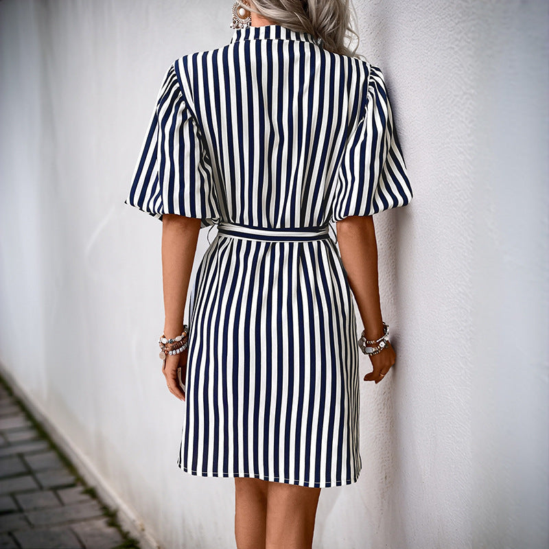 Damen Hemdblusenkleid Streifen Taillengürtel Eveloria