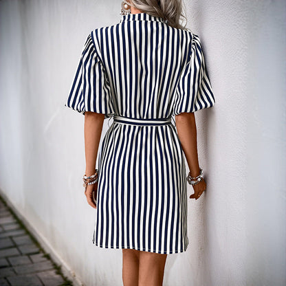 Damen Hemdblusenkleid Streifen Taillengürtel Eveloria