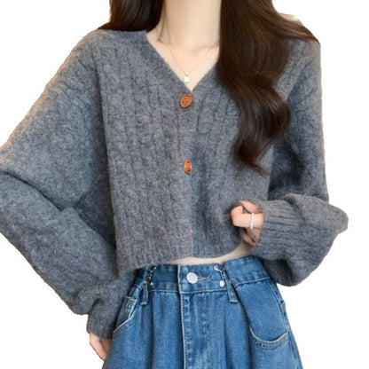 Damen Strickjacke Kurz Breite Ärmel Knöpfe Beige