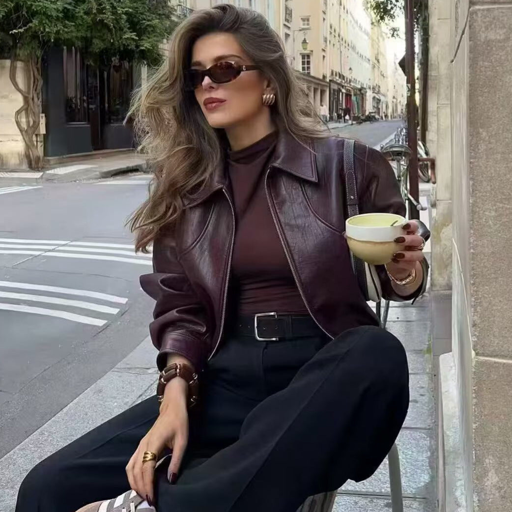 Damen Kunstlederjacke Elastischer Bund Schwarz Eveloria - Eveloria