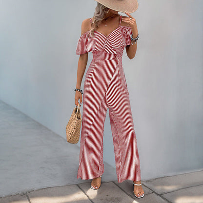 Damen Jumpsuit Schulterfrei Gestreift Eveloria