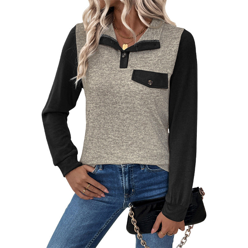 Damen Langarmshirt Kontrast-Einsätze Brusttasche Eveloria