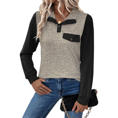 Damen Langarmshirt Kontrast-Einsätze Brusttasche Eveloria