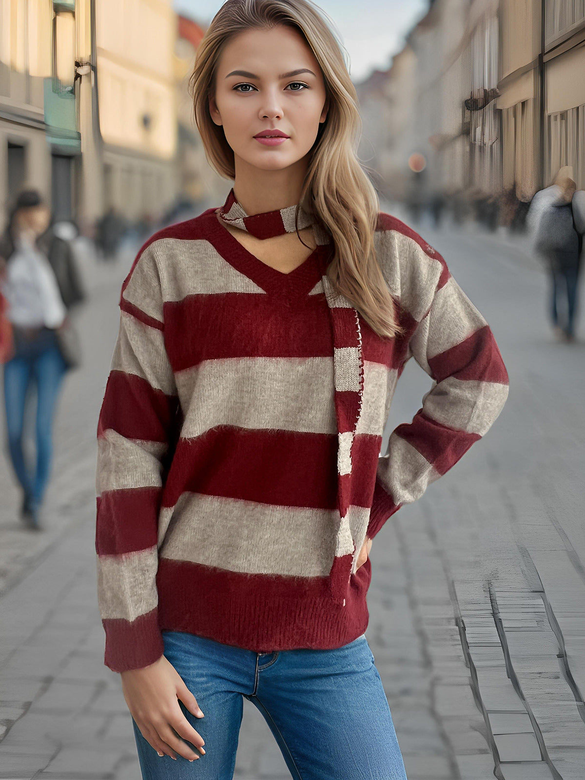 Damen Strickpullover Lässig Schlaufenakzente Beige