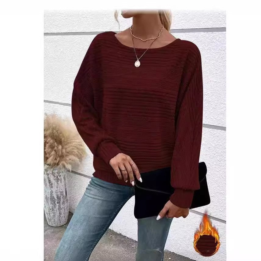 Damen Pullover Strukturiertes Streifenmuster Weite Ärmel Beige