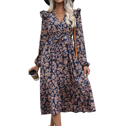 Damen Midi-Kleid Floralmuster Rüschen Elegant